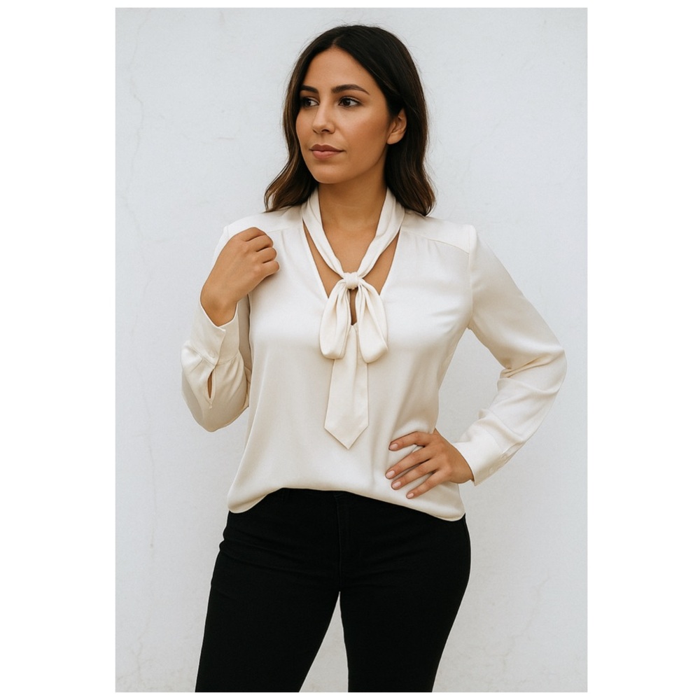 H&M Satin Tie Neck Blouse XXL Ivory Workwear Bow Top